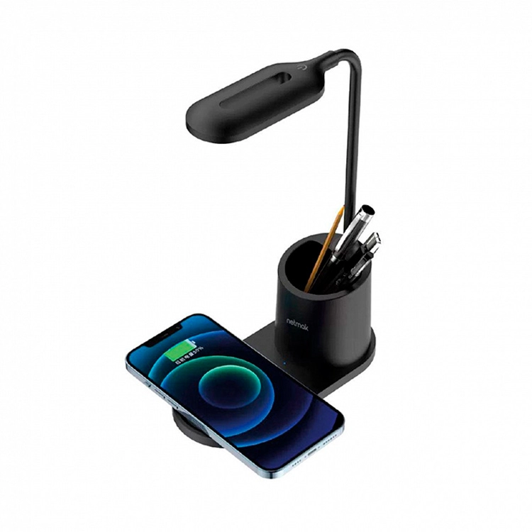 Lampara Led Netmak Carga Inalambrica 15W Soporte Celular Negro Art.NM-CL13